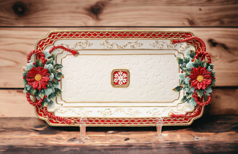 Ceramic Poinsettia Tray Platter Home Décor Gift for Her Gift for Mom Kitchen Décor Christmas Décor - Plates