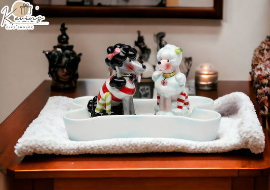 Ceramic Poodle Dogs Salt & Pepper in Bone Tray Home Décor Gift for Her Gift for Mom Kitchen Décor Dog Lover Gift Pet