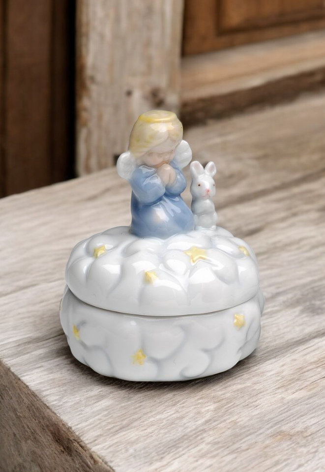 Ceramic Praying Angel with Rabbit Keepsake Box Nursery Room Decor Gift for Parents Baptism Gift Religious Decor - box