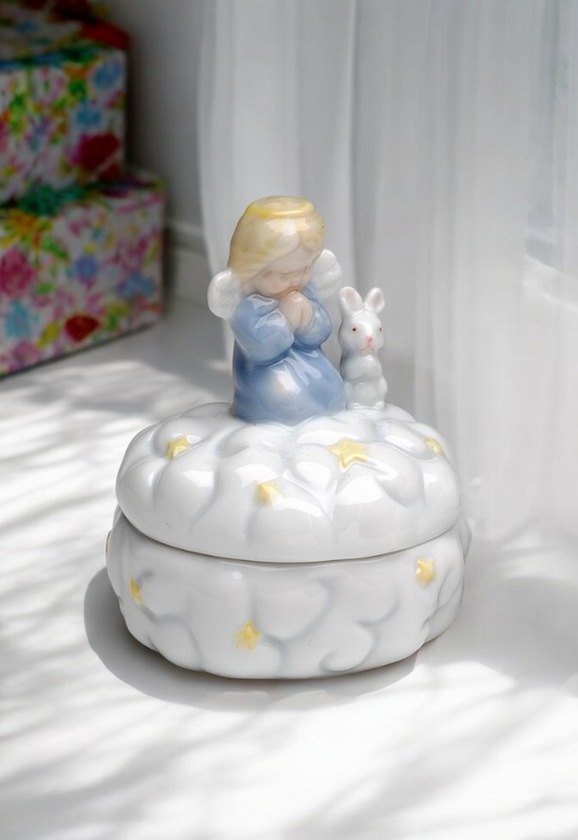 Ceramic Praying Angel with Rabbit Keepsake Box Nursery Room Decor Gift for Parents Baptism Gift Religious Decor - box