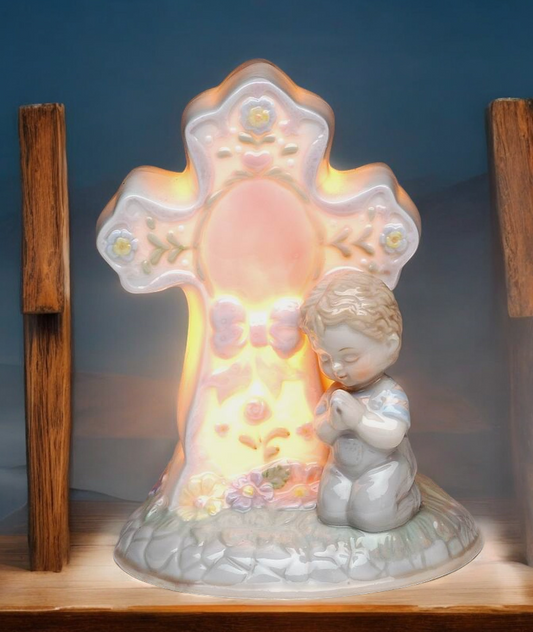 Ceramic Praying Boy Next to Cross Nightlight Religious Gift or Decor Baptism Gift Nursery Room Nightlight - Night