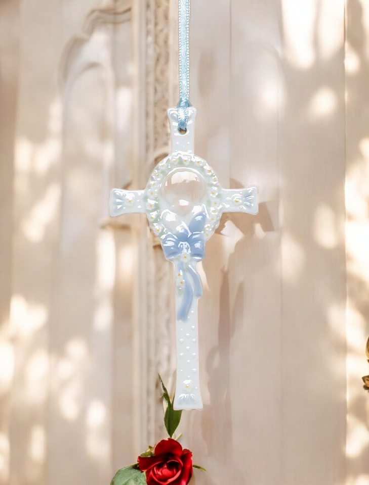 Ceramic Praying Boy on Cross Religious Decor or Gift Baptism Gift - wall decor