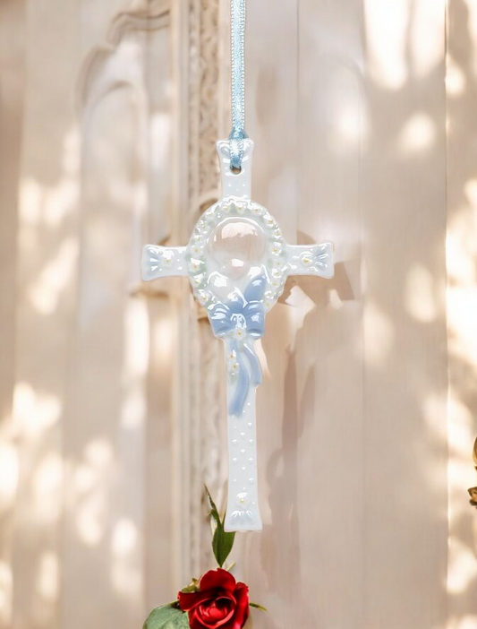 Ceramic Praying Boy on Cross Religious Decor or Gift Baptism Gift - wall decor