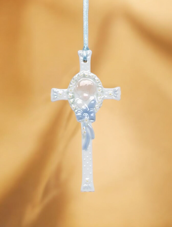 Ceramic Praying Boy on Cross Religious Decor or Gift Baptism Gift - wall decor