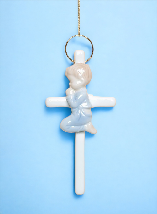 Ceramic Praying Boy On Cross Wall Decor Religious Décor Religious Gift Church Décor Baptism Gift - wall decor
