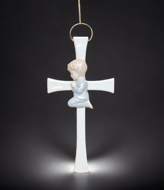 Ceramic Praying Boy On The Cross Wall Decor Home Décor Religious Décor Religious Gift Church Décor Baptism Gift - wall