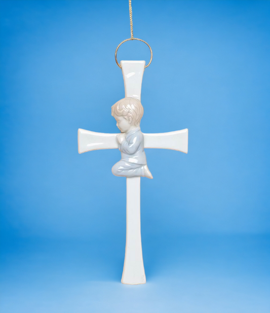 Ceramic Praying Boy On The Cross Wall Decor Home Décor Religious Décor Religious Gift Church Décor Baptism Gift - wall