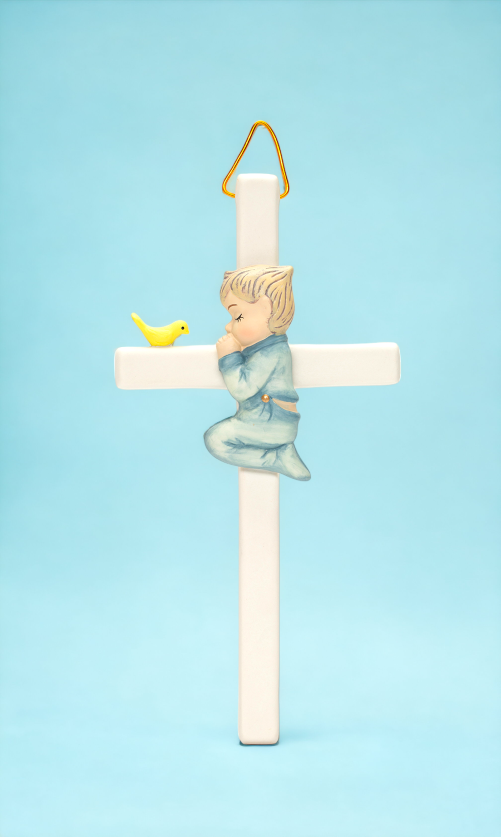 Ceramic Praying Boy With Bird Cross Wall Decor Religious Décor Religious Gift Church Décor Church Gift Baptism Gift