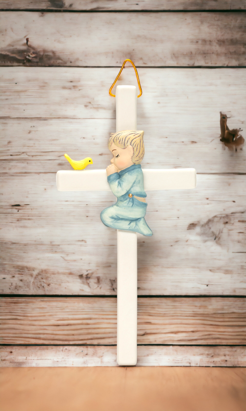 Ceramic Praying Boy With Bird Cross Wall Decor Religious Décor Religious Gift Church Décor Church Gift Baptism Gift