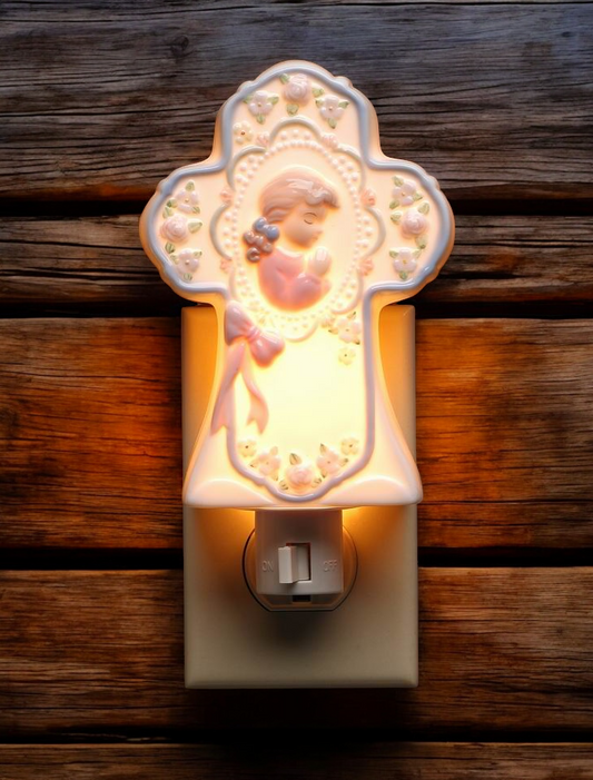Ceramic Praying Girl on Cross Plug-In Nightlight Religious Gift or Decor Baptism Gift - Night Lights & Ambient Lighting