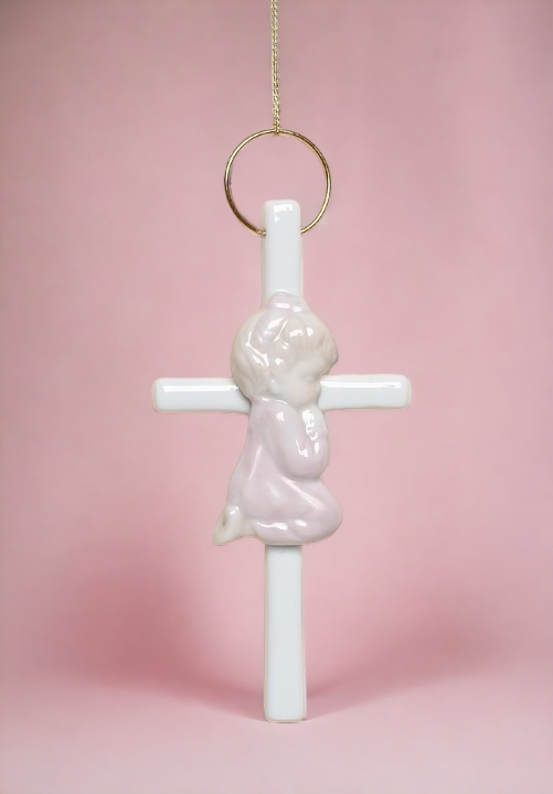 Ceramic Praying Girl On Small Cross Wall Decor Religious Décor Religious Gift Church Décor Baptism Gift - wall decor
