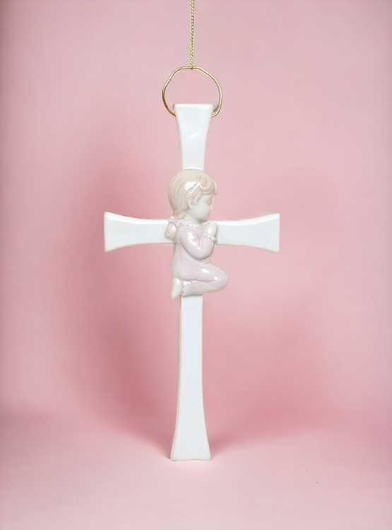 Ceramic Praying Girl On The Cross Wall Decor Home Décor Religious Décor Religious Gift Church Décor Baptism Gift - wall