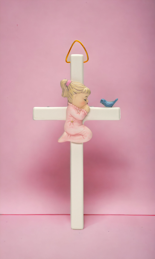 Ceramic Praying Girl With Bird Cross Wall Decor Religious Décor Religious Gift Church Décor Church Gift Baptism Gift