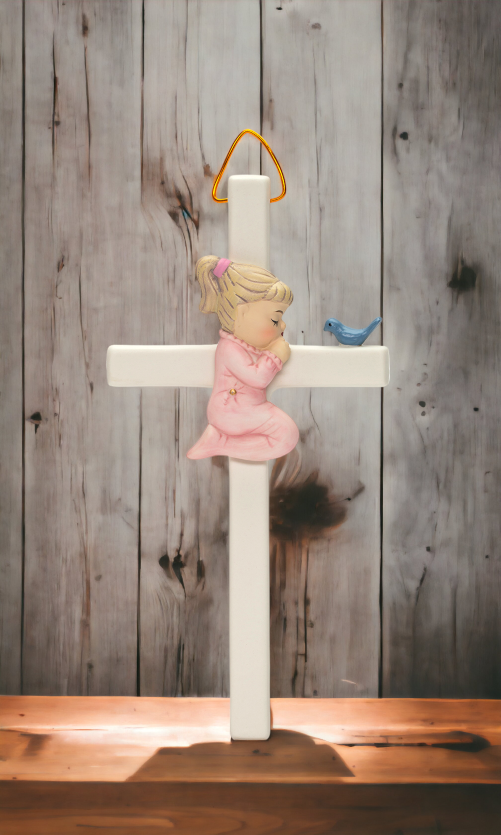 Ceramic Praying Girl With Bird Cross Wall Decor Religious Décor Religious Gift Church Décor Church Gift Baptism Gift