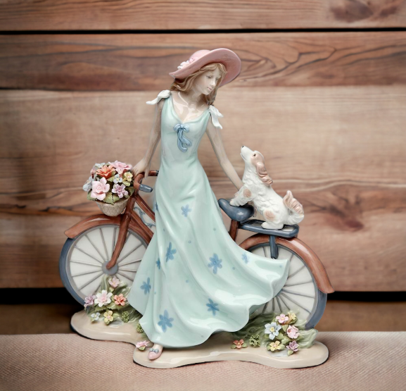 Ceramic Pretty Lady and Dog on Bicycle with Flower Basket Figurine Home Décor Gift for Her Gift for Mom Dog Lover Gift