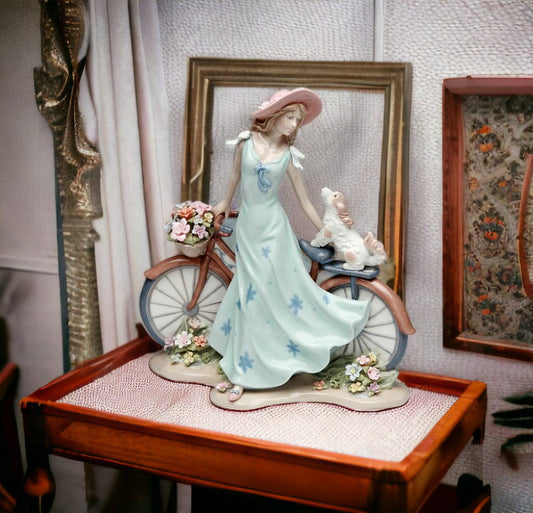 Ceramic Pretty Lady and Dog on Bicycle with Flower Basket Figurine Home Décor Gift for Her Gift for Mom Dog Lover Gift