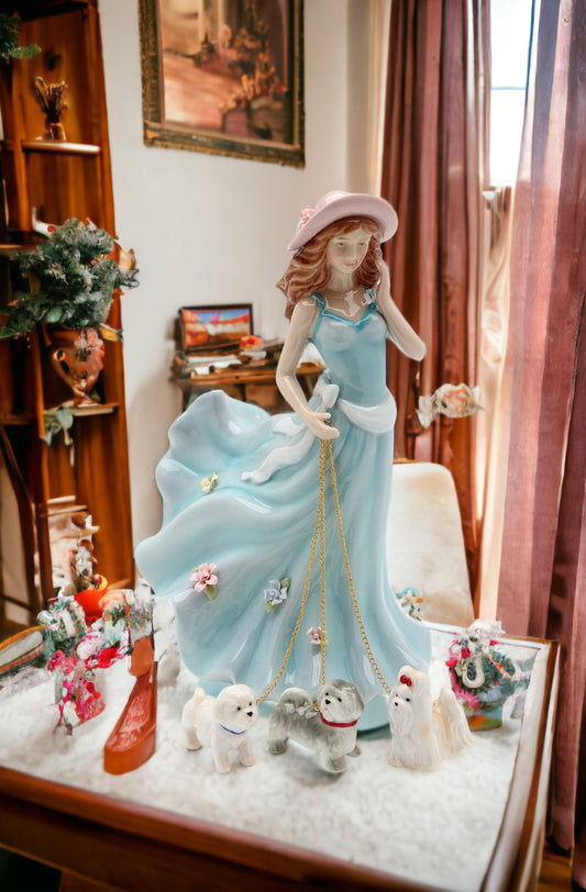 Ceramic Pretty Lady in Dress Walking Dogs Figurine Home Décor Gift for Her Gift for Mom Dog Lover Gift Pet Loss Gift