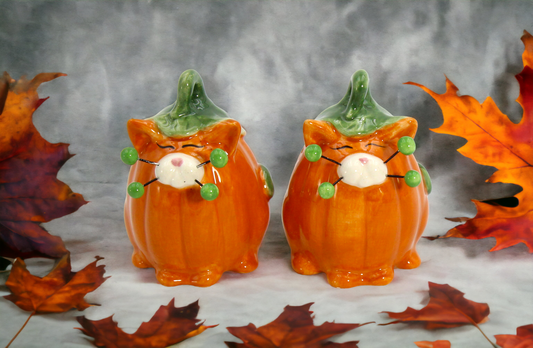 Ceramic Pumpkin Cats with Beaded Whiskers Salt and Pepper Gift for Her Gift for Mom Kitchen Décor Fall Décor Halloween