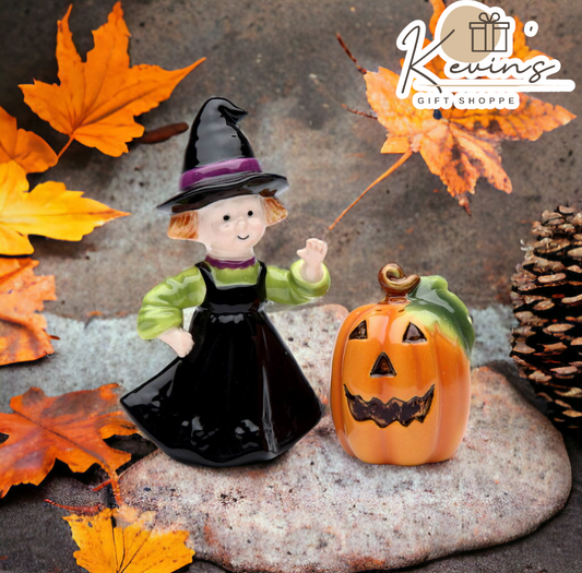 Ceramic Pumpkin & Witch Salt & Pepper Shakers Home Décor Gift for Her Gift for Mom Kitchen Décor Fall Décor Halloween