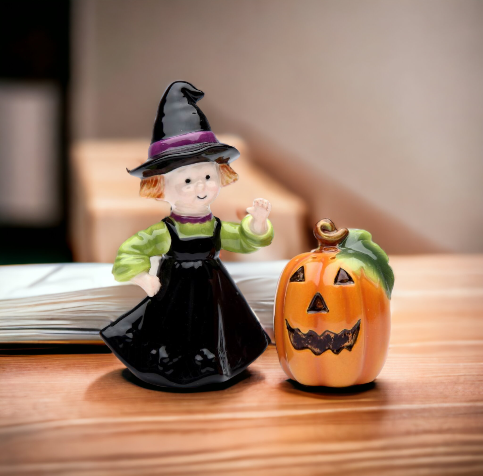 Ceramic Pumpkin & Witch Salt & Pepper Shakers Home Décor Gift for Her Gift for Mom Kitchen Décor Fall Décor Halloween