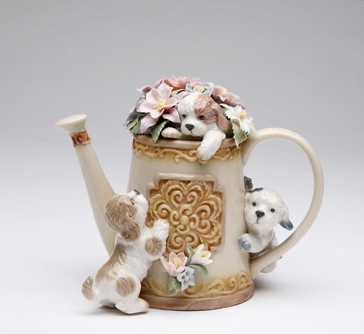 Ceramic Puppies Playing with Flower Pitcher Music Box Home Décor Gift for Her Gift for Mom Kitchen Décor Dog Lover Gift