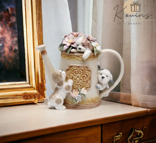 Ceramic Puppies Playing with Flower Pitcher Music Box Home Décor Gift for Her Gift for Mom Kitchen Décor Dog Lover Gift