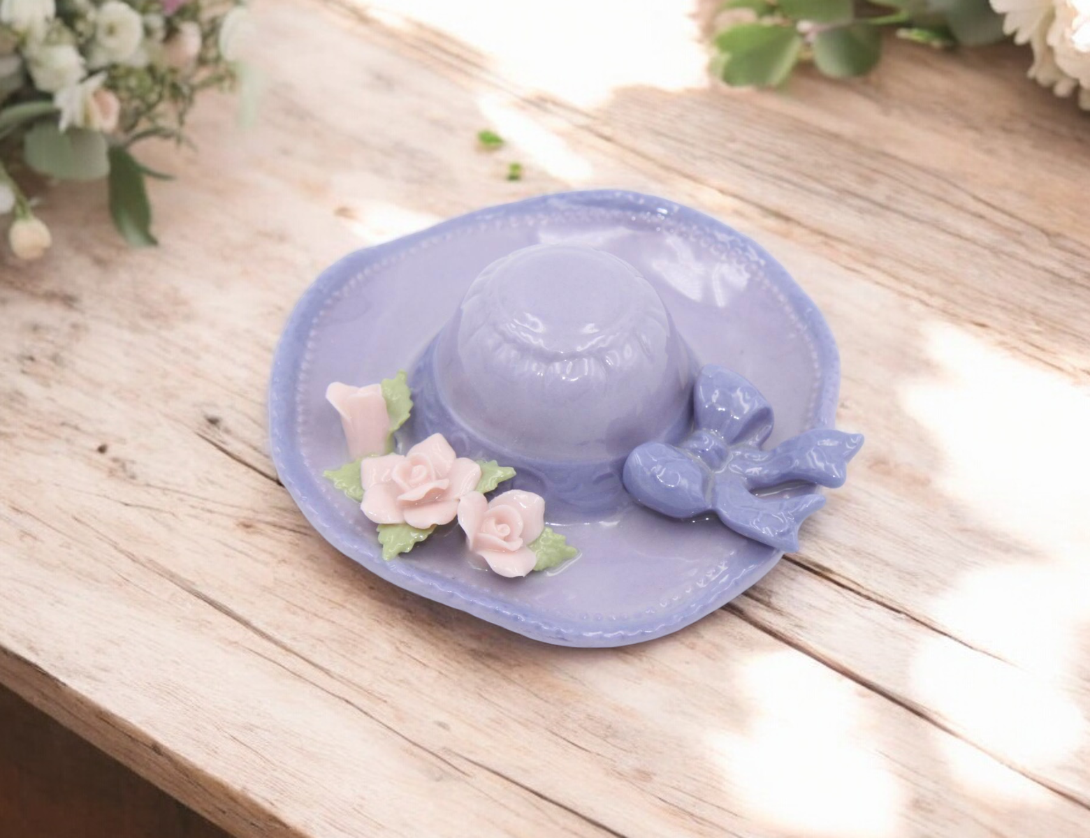 Ceramic Purple Hat with Rose Flowers Figurine Home Decor Gift for Her Gift for Mom - Figurine