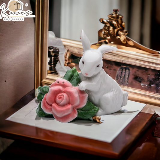 Ceramic Rabbit With Rose Flower Salt & Pepper Shakers Home Décor Gift for Her Gift for Mom Kitchen Décor Spring Décor