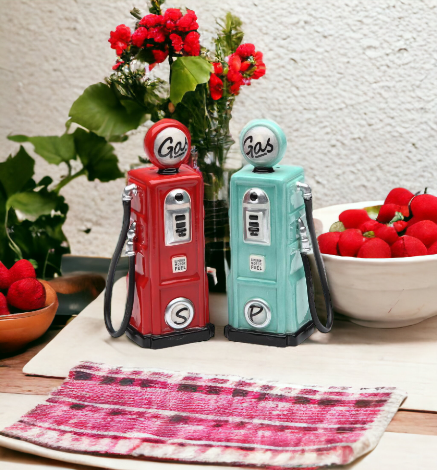 Ceramic Red and Green Gas Pump Salt and Pepper Shakers Home Décor Gift for Him Gift for Dad Kitchen Décor Dining Table