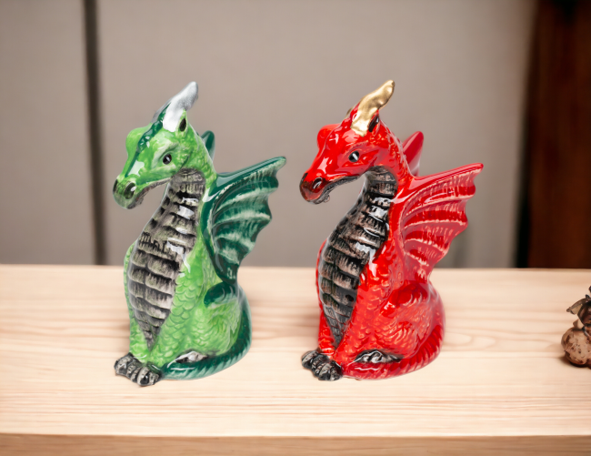 Ceramic Red and Green Medieval Dragon Salt and Pepper Shakers Game Room Decor Gift for Him Gift for Board Game