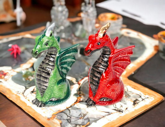 Ceramic Red and Green Medieval Dragon Salt and Pepper Shakers Game Room Decor Gift for Him Gift for Board Game