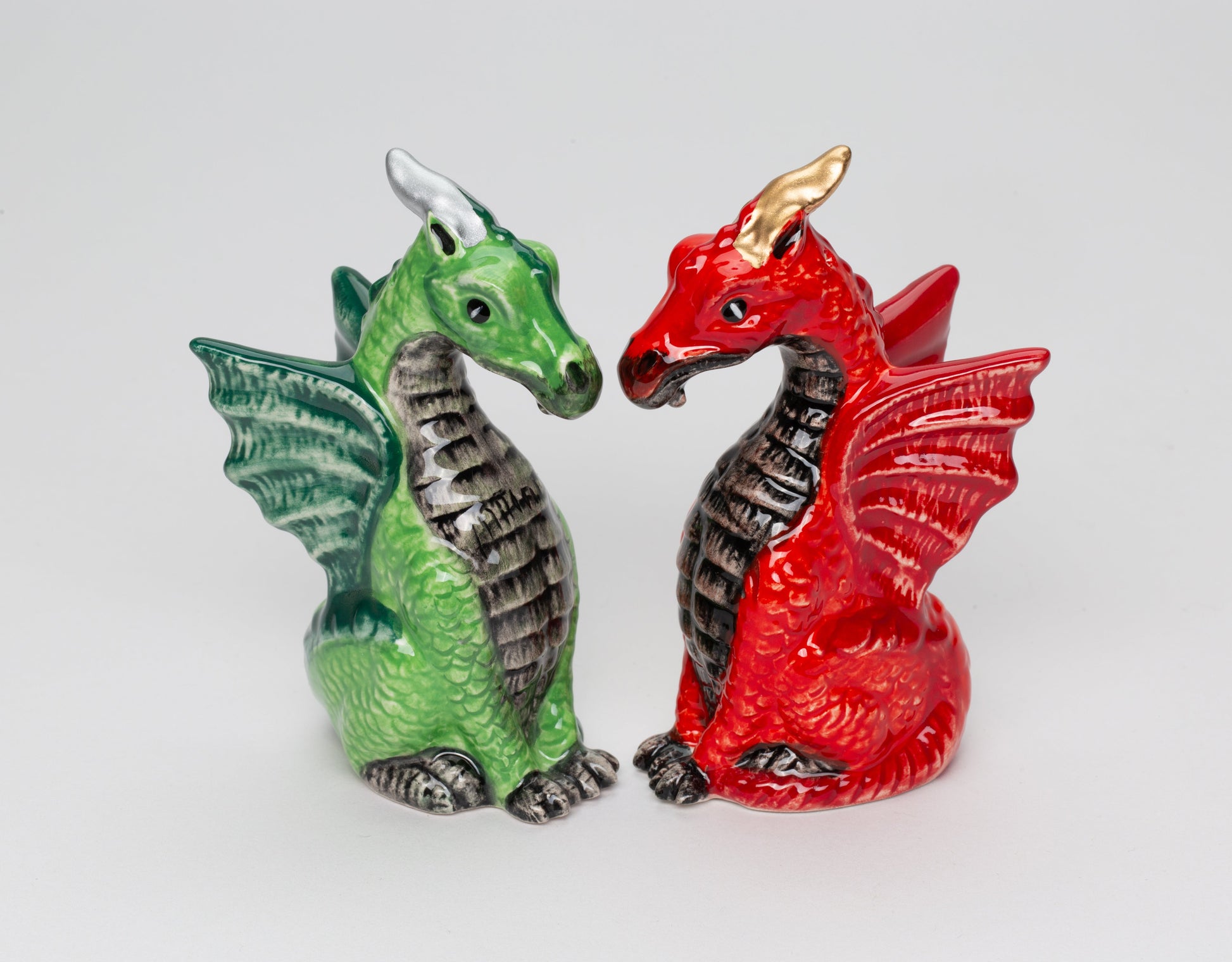 Ceramic Red and Green Medieval Dragon Salt and Pepper Shakers Game Room Decor Gift for Him Gift for Board Game