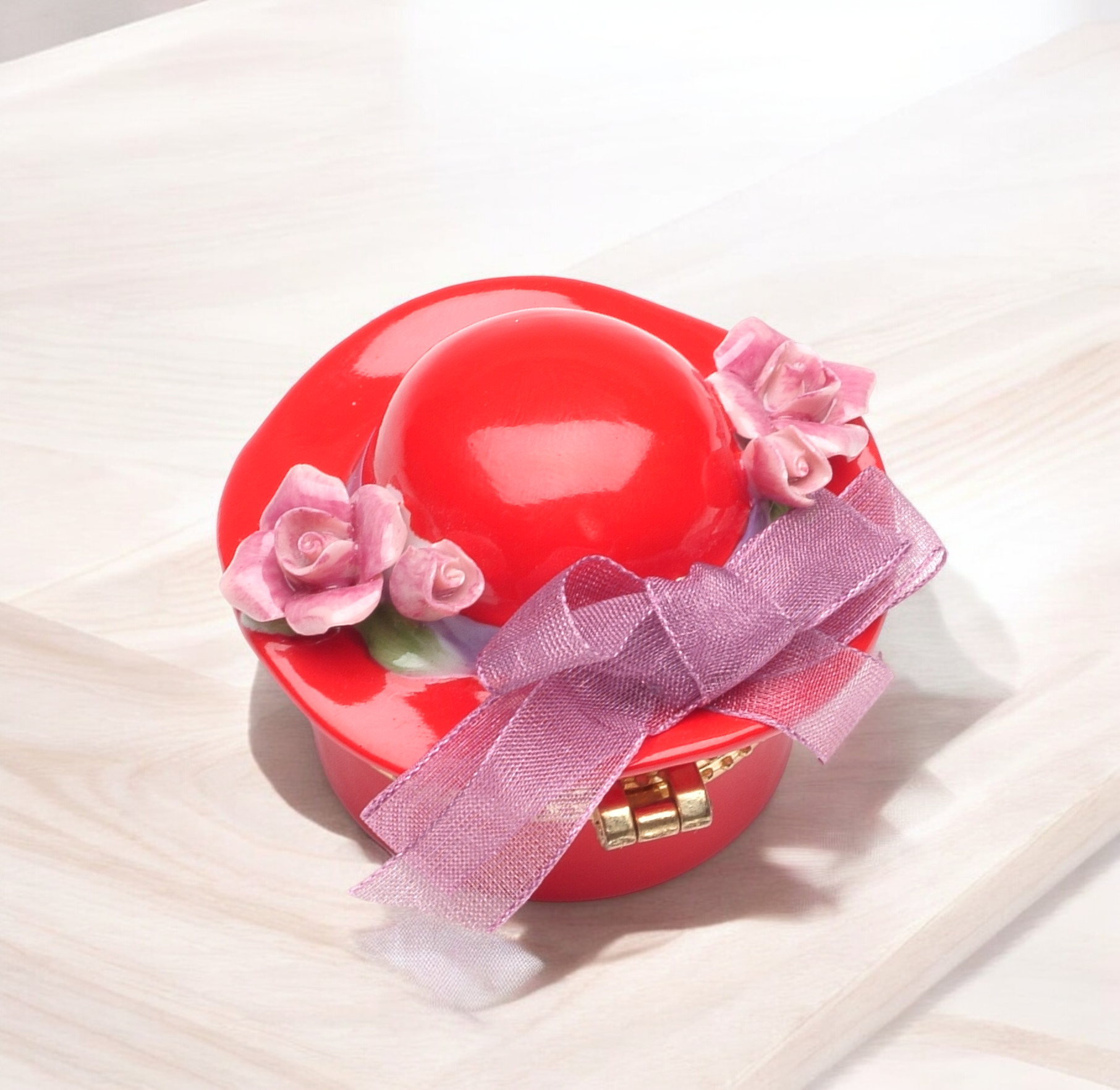 Ceramic Red Hat with Pink Rose Flowers and Bow Tie Hinge Box Vanity Decor Gift for Her Gift for Mom - hinge box