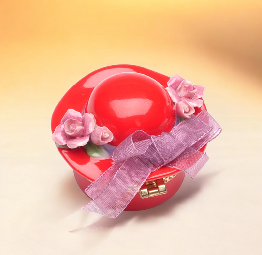 Ceramic Red Hat with Pink Rose Flowers and Bow Tie Hinge Box Vanity Decor Gift for Her Gift for Mom - hinge box