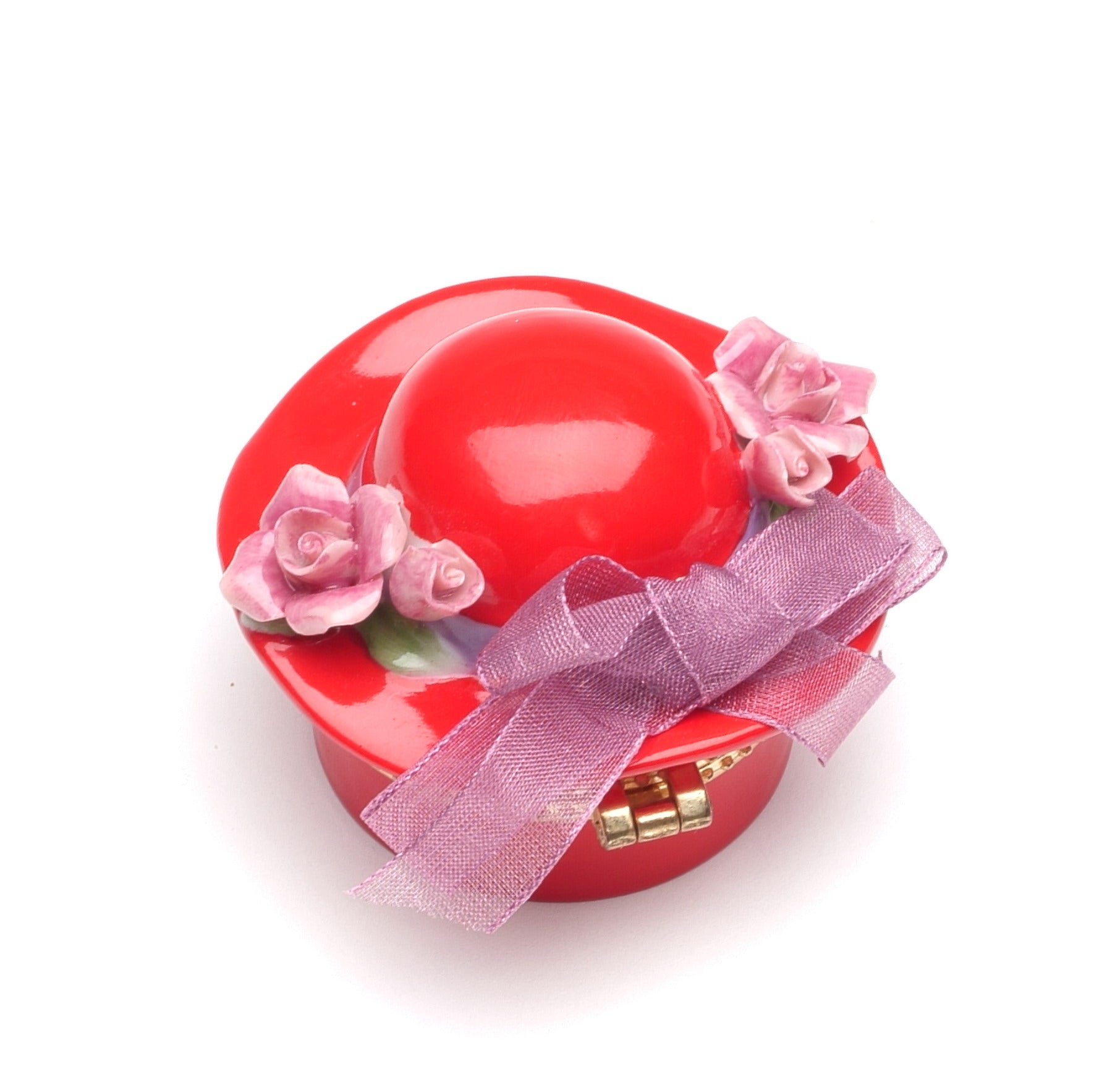 Ceramic Red Hat with Pink Rose Flowers and Bow Tie Hinge Box Vanity Decor Gift for Her Gift for Mom - hinge box