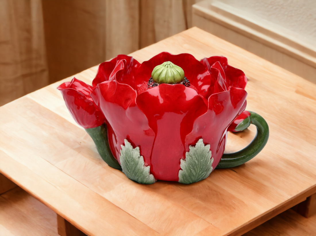 Ceramic Red Poppy Flower Teapot Gift for Her Gift for Mom Tea Party Décor Café Décor Spring Kitchen Decor - teapot