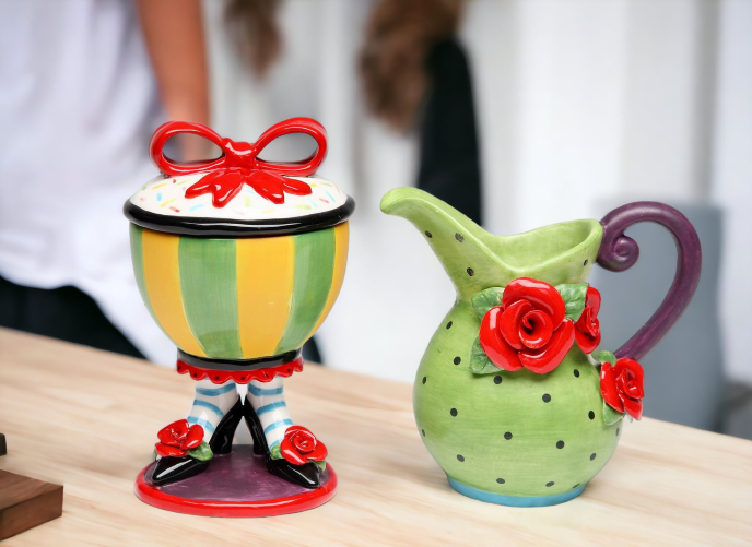 Ceramic Red Rose Flower High Heels Sugar and Creamer Gift for Her Gift for Mom Tea Party Décor Café Décor - Sugar Bowls