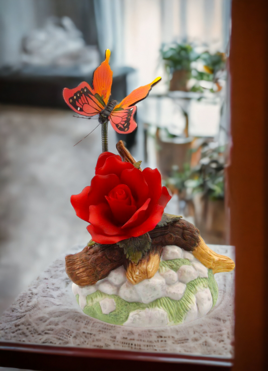 Ceramic Red Rose with Butterfly Figurine Home Décor Gift for Her Gift for Mom Nature Lover Gift - Figurine