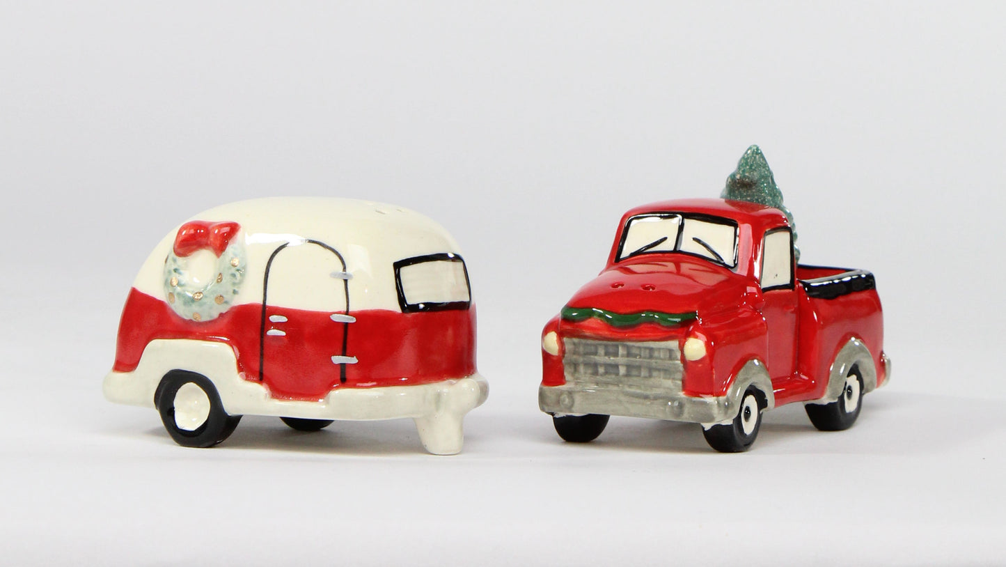 Ceramic Red Truck with Christmas Tree & Trailer Salt And Pepper Shakers Home Décor Gift for Her Gift for Mom Kitchen