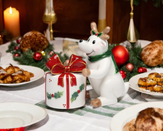 Ceramic Reindeer with Gift Box Christmas Salt and Pepper Shakers Christmas Decor Gift for Her Gift for Mom - Salt &