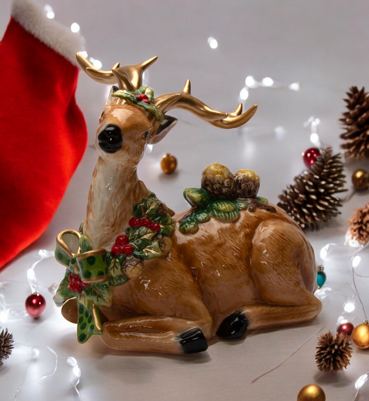 Ceramic Reindeer with Pine Cone Figurine Christmas Decor - Figurine