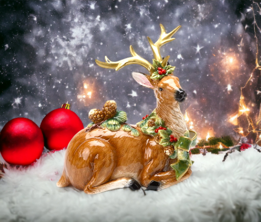 Ceramic Reindeer with Pine Cones Figurine Home Décor Gift for Her Gift for Mom Kitchen Décor Christmas Décor - Figurine