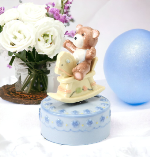 Ceramic Rocking Horse With Bear Music Box Gift for Her Gift for New Mom Nursery Room Decor Baby Shower Gift - Music box