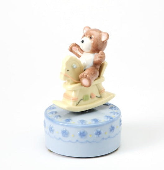 Ceramic Rocking Horse With Bear Music Box Gift for Her Gift for New Mom Nursery Room Decor Baby Shower Gift - Music box