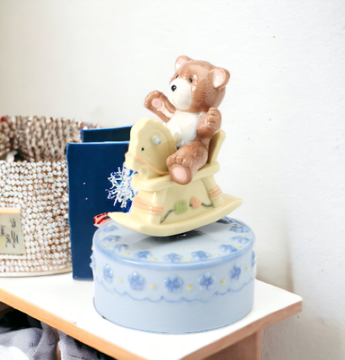 Ceramic Rocking Horse With Bear Music Box Gift for Her Gift for New Mom Nursery Room Decor Baby Shower Gift - Music box