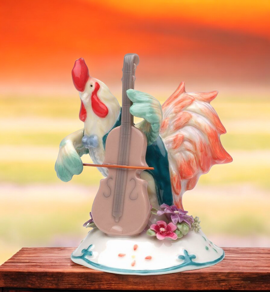 Ceramic Rooster Playing Bass Instrument Figurine Bass Player Gift Musician Gift Farmhouse Decor - Figurine