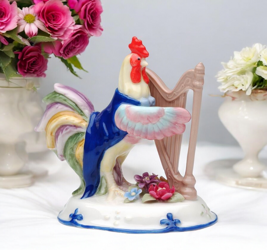 Ceramic Rooster Playing Harp Figurine Musician Gift Rooster Lover Gift Farmhouse Decor - Figurine