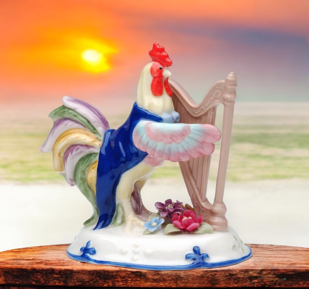 Ceramic Rooster Playing Harp Figurine Musician Gift Rooster Lover Gift Farmhouse Decor - Figurine