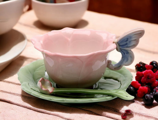 Ceramic Rose Cup and Saucer and Spoon-2 Sets Gift for Her Gift for Mom Gift for Friend or Coworker Tea Party Décor Café