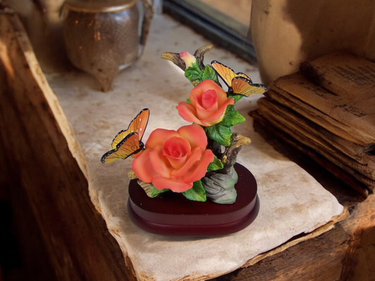 Ceramic Rose Flowers with Butterflies on Wooden Base Figurine Home Decor Gift for Her Gift for Mom - Figurine
